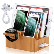 5in1 Charging Dock Station Holder Stand Bamboo Charger Station for Tablet Phone