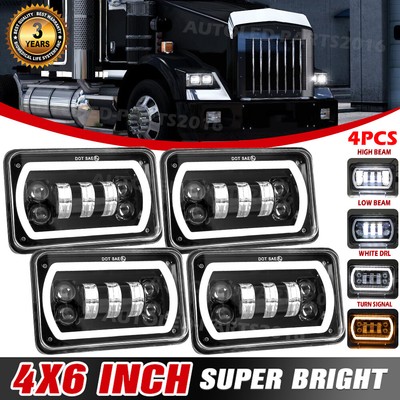 4PCS 4x6'' LED Headlights With DRL For Kenworth W900 T400 T800 Peterbilt 357 379