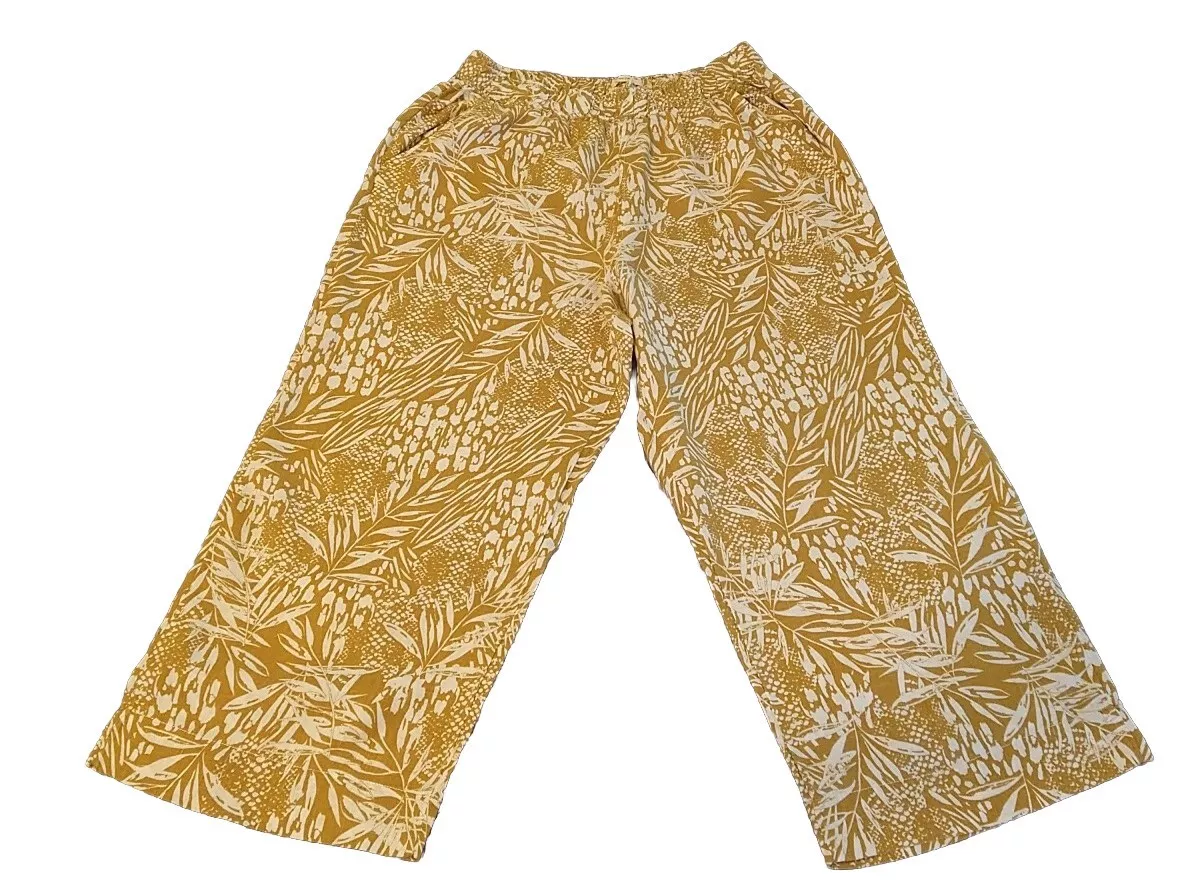 Christian Siriano 100 Linen Yellow Patterned Wide Leg Pants Sz L