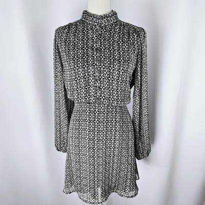 Lost + Wander Mira Women's Black & Ivory Print Long Sleeve Mini Dress Size L NWT