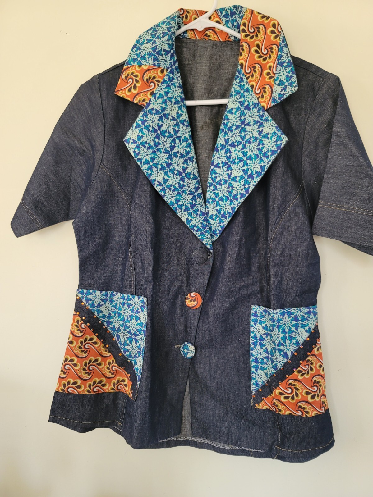 Handmade Button Down Denim Shirt Patchwork Short … - image 1