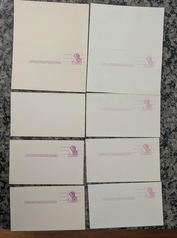 7 US Stamps Maybe Ink Error Post Cards Unused 3 reply cards (1 not intact)