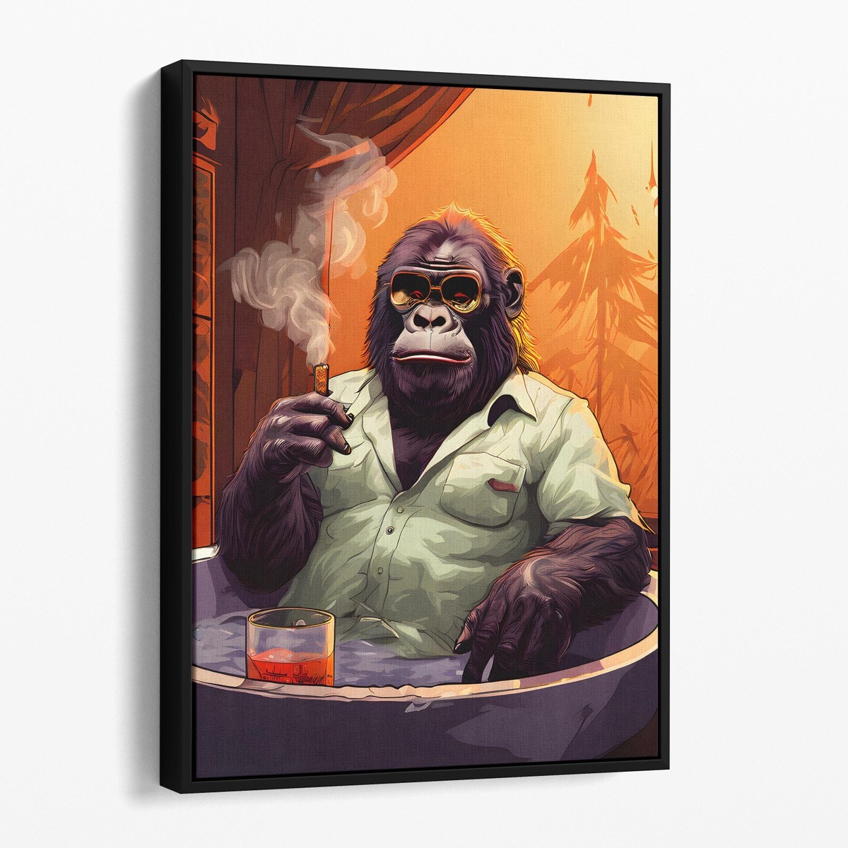 Gorilla Smoking A Cigar In The Bathtub Funny Bathroom Canvas Wall Art Print