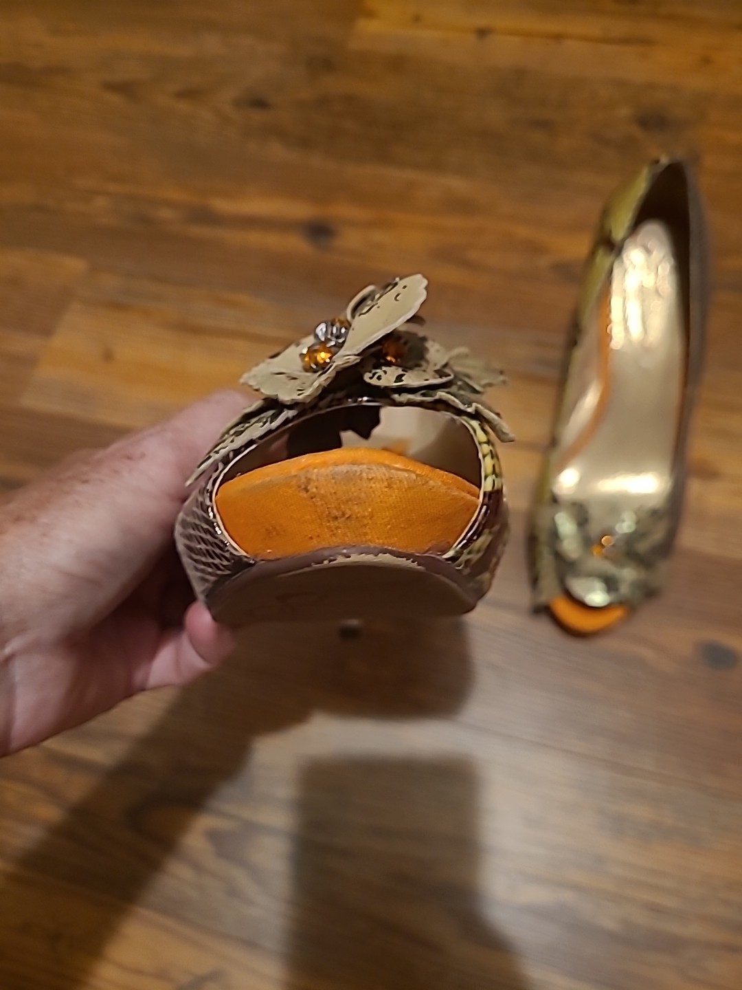 Mob Wife Peep Toe Stilettos 6.5/7 37 Leather Snakeskin Flower Office Siren Sexy