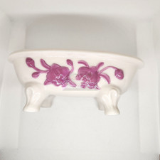 Bathtub Miniature Collectible Soap Dish, Porcelain, White with Purple Flowers.
