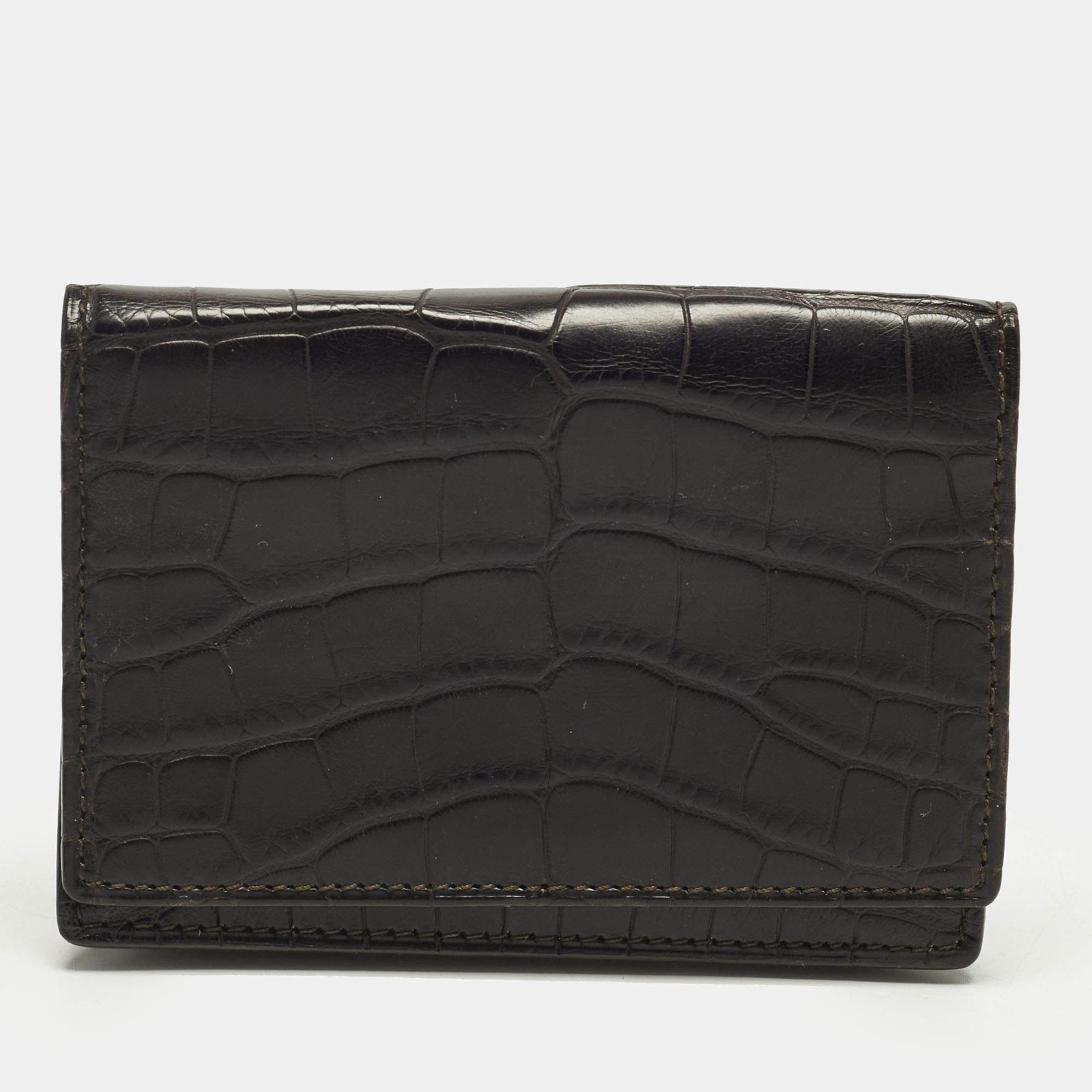Smythson Black Croc Embossed Leather Flap Card Case