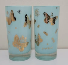 Vintage Georges Briard Gold Blue Butterfly Highball Tumbler Glass MidCentury