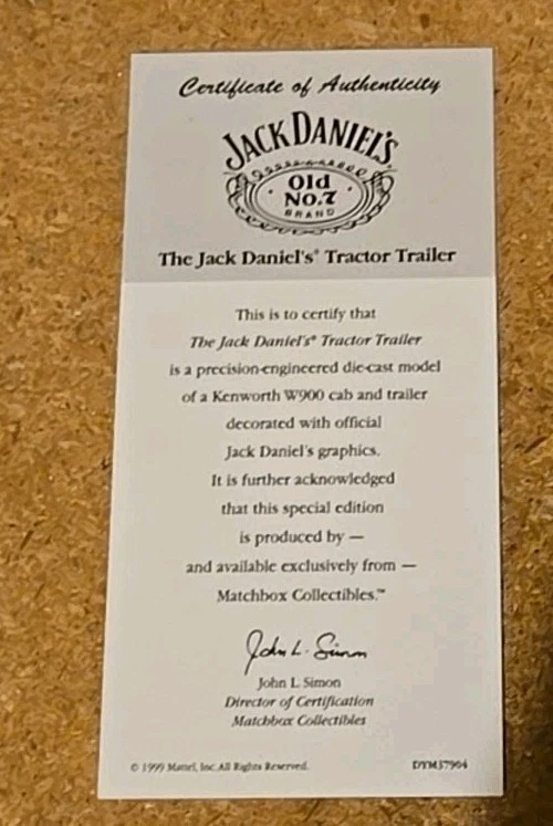 Jack Daniels Peterbilt 18 wheeler Tractor Trailer Die-cast Matchbox White COA - Image 2 of 4