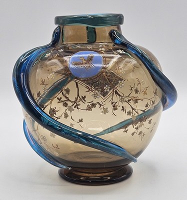 Bohemia Harrach Style Smoky Glass 6.5'' Vase Hand Painted Enamel Applied Swirl
