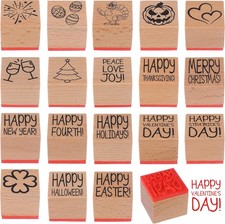 18 Pcs All Holiday Wood Stamps Set Wooden Rubber Holiday Stamps for Card Making