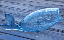 Blenko Handmade Blue Tint & Clear Crackle Art Glass Whale Fish Figurine Decor