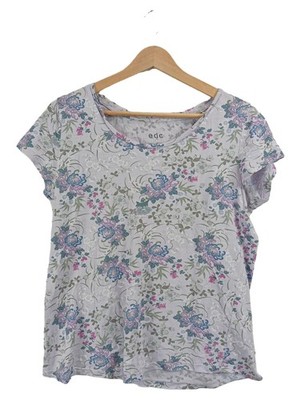 EDCO Damen T-Shirt Gr. 38 M Grau Blumenmuster Casual Kurzarm Baumwolle