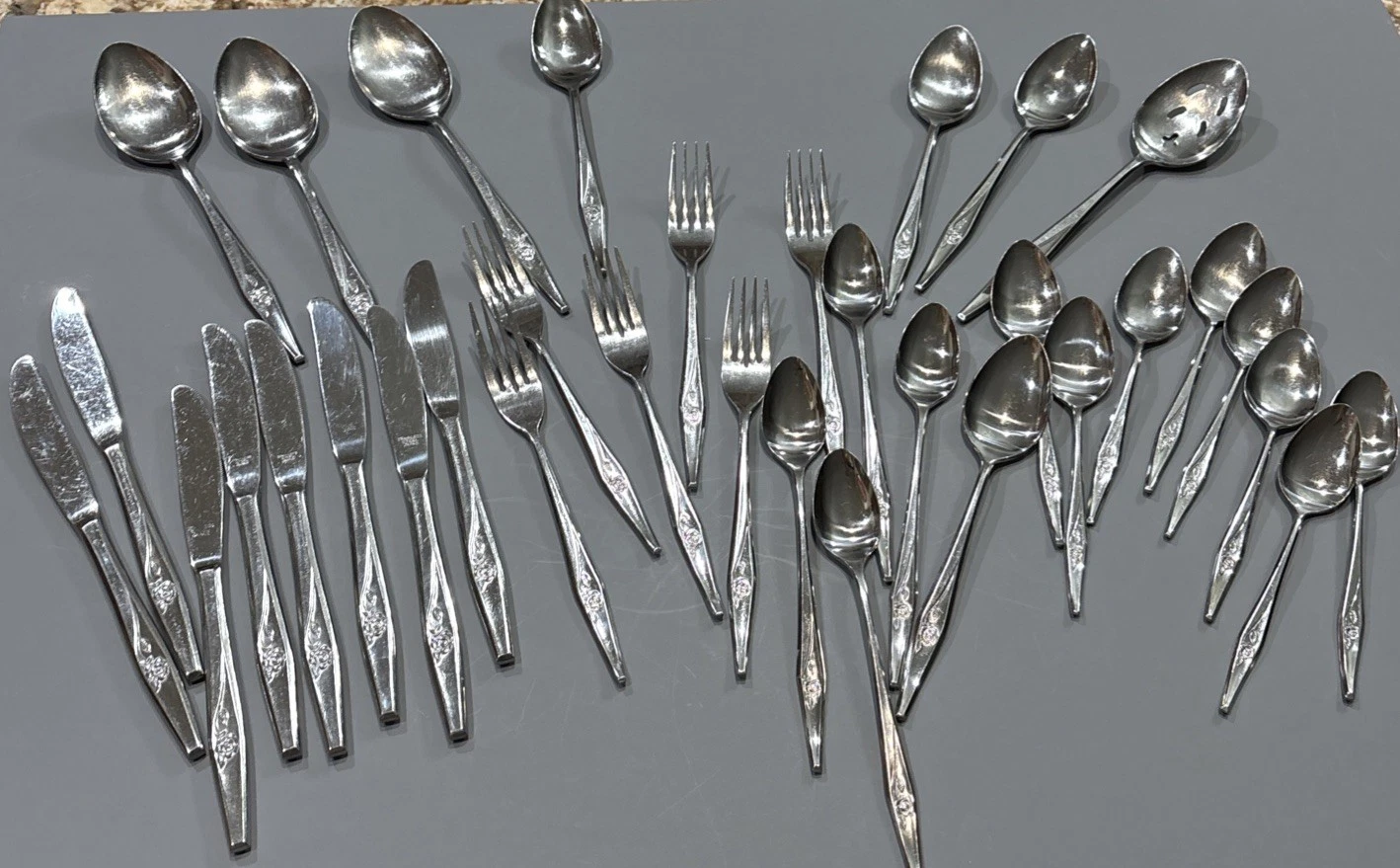 34 pcs Spritely Rose Stainless Steel Flatware