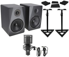  2 Rockville APM8B 8" Powered USB Studio Monitors Stands Pads Condenser Mic