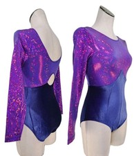 GK Elite VTG Mystique Purple Holographic LS Keyhole Leotard Blue Velvet Size AM