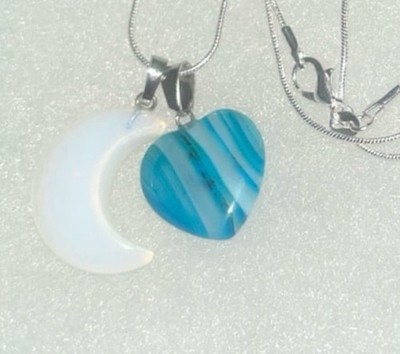 Opal Moon and Blue Agate heart Sterling Silver 24  Necklace 
