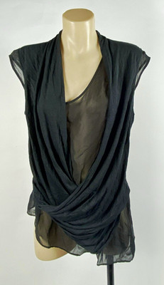 Helmut Lang Black Sheer Draped Chiffon Sleeveless Scoop Neck Blouse S