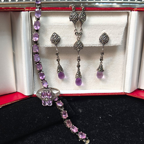 Vintage Sterling Amathyst Like Stones Necklace, Earrings, Bracelet & Ring Set