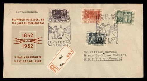 DR WHO 1952 NETHERLANDS FDC TELEGRAPH ANIV CACHET COMBO OLST REGISTERED R25079