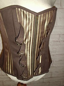 BROWN PINSTRIPE STEAMPUNK OVERBUST BUCKLED LACE UP CORSET 30 IN WAIST SIZE 12 14