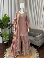 Natural Crepe Light Brown Top Palazzo With Dupatta For Indian Wedding Wear