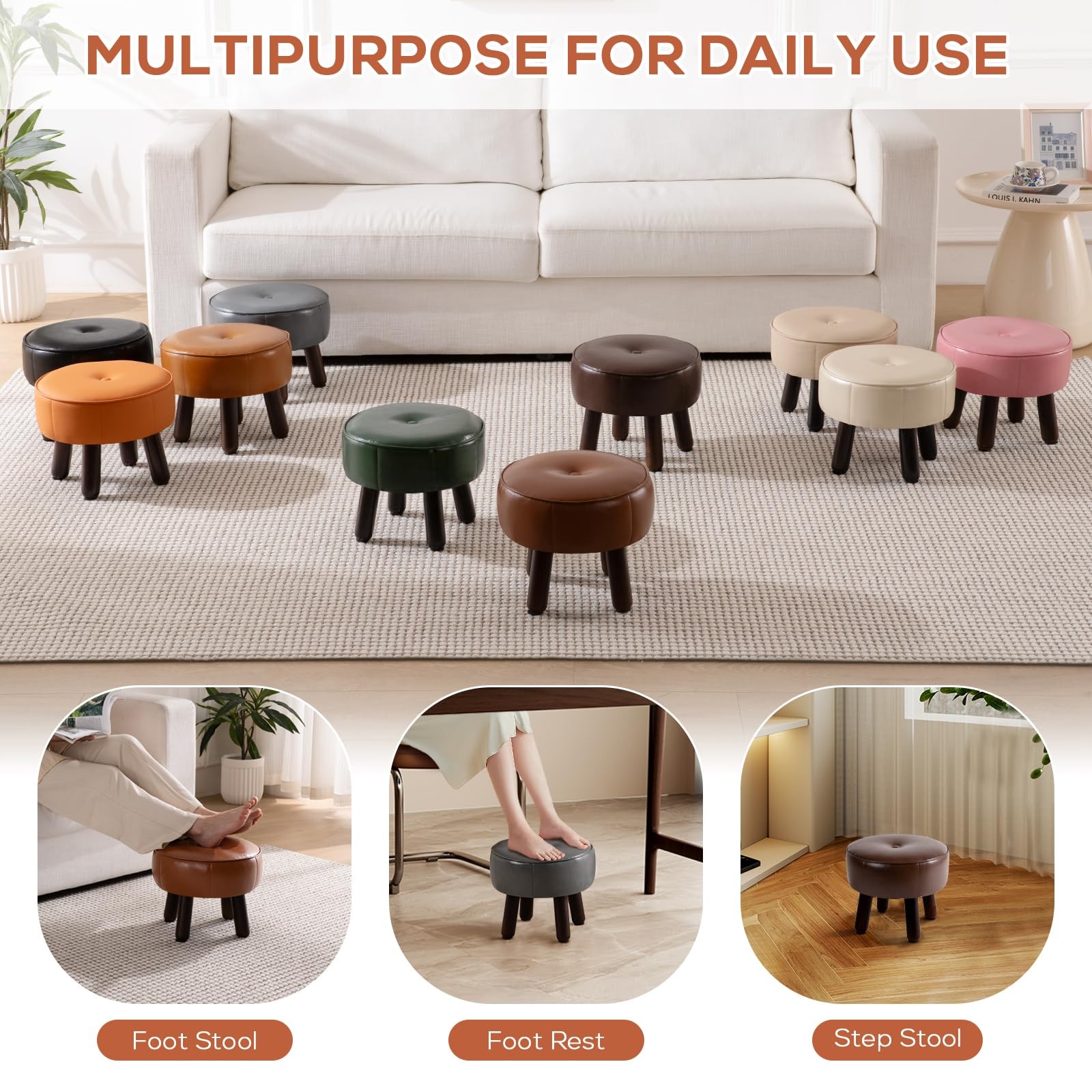 Small Foot Stool, Round Faux Leather Pouf Ottoman Foot Rest, Footstool Ottoma...