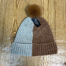 Beanie Two-Tone Knit W/ Faux Fur Pom Ski Beanie Stretchy Acrylic