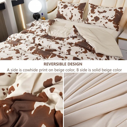 Charming Cow Print Full Size Comforter Set – 3 Piece Beige & Brown Bedding - Picture 7 of 11