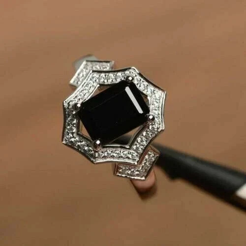 2Ct Emerald Cut Simulated Black Diamond Wedding Halo Ring 14k White Gold Plated - Image 2 of 4