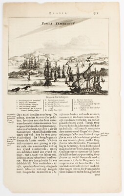 Antique Arnoldus Montanus 17th Century Engraving Brasil Brazil Ships In Harbor
