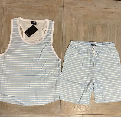 Mens Shorts Vest Set Large Blue Stripe RRP £45 Boohoo Man