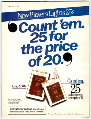 Print Ad Players Lights 25s Cigarettes Count'em 25 for the Price of 20
