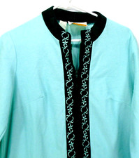 Vintage Sears Mint Green Zip Front Poly Velour Lounge Robe Caftan Embroidery M/L