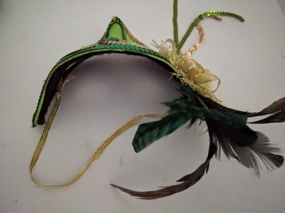 Mardi Gras Mask Green satin with sequins and feathers Felt Lining Halloween Mask - Image 3 of 4