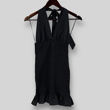 PRETTYLITTLETHING Womens Black Shirred Halterneck Bodycon Dress SIZE UK-6 NEW