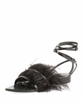 Saint Laurent Feather-Embellished Ankle-Wrap Sandal Size 36