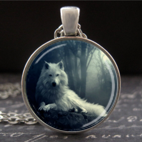 White Wolf Necklace Glass Talisman Fenrir Pendant Silver Norse Viking Jewelry - Picture 1 of 3