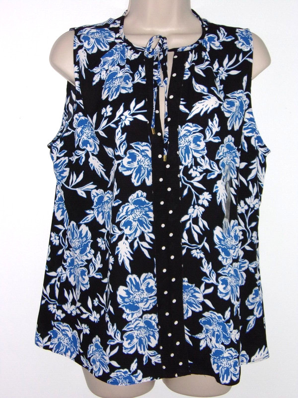 LAUREN RALPH LAUREN Womens Black Floral Crew Neck,Tie Neck Top Shirt Size - L