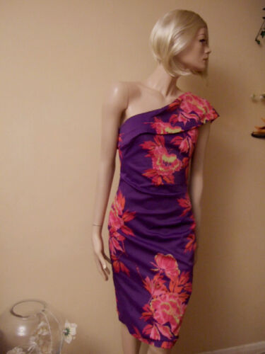 Karen Millen Tropical Print Stretch One Shoulder Wiggle Dress Pink Purple UK 6  - Picture 1 of 4