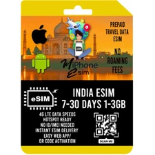 India Travel eSIM Prepaid 1-3GB  7-30 days  4G LTE Network QR Activation