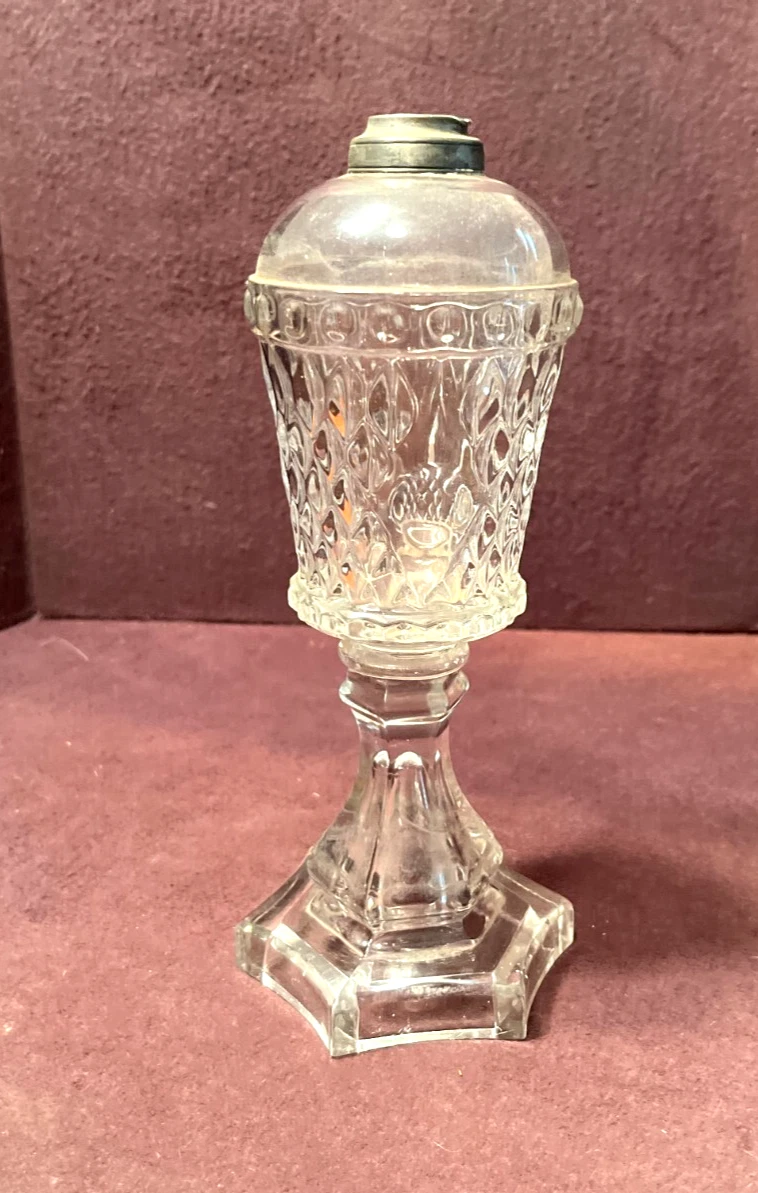 Antique Boston Sandwich Blown Inverted Diamond & Thumbprint Whale Oil Lamp