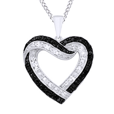 1/4 ct April Birthstone Black & White Real Diamond Heart Pendant Sterling Silver