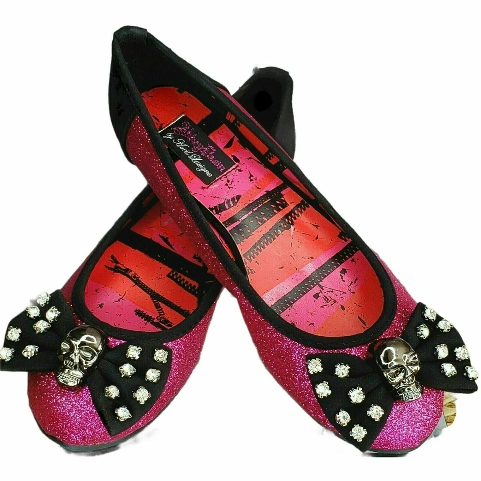 Abbey Dawn Pink Glitter Skull Shoes Black Bow Rhinestones Flats Size 5 Halloween - Image 2 of 4