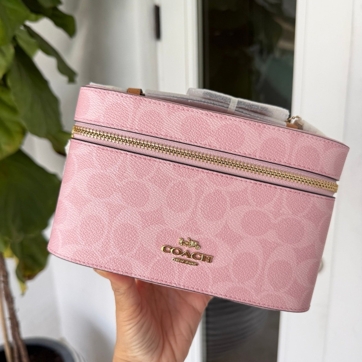 NWT Coach Cosmetic Case In Signature Canvas Gold/Powder Pink CEA56