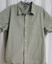 LL Bean Mens Large Green Check Slightly Fit Shirt Short Sleeve Seersucker B3 