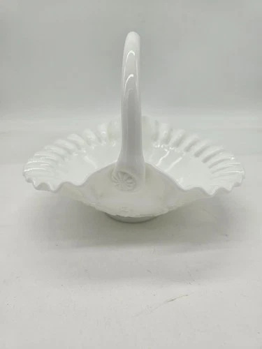 VTG Fenton Hobnail White Milk Glass Basket with a ruffled edge & roses
