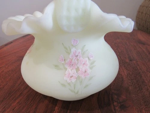 Fenton Yellow Satin Custard Glass Basket Pink Blossoms Hand Painted Signed
