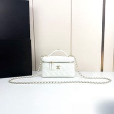 Women's Elegant White Quilted Vanity Bag, Chain Crossbody Shoulder Handbag