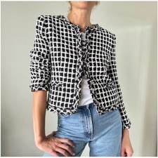 Alice  Olivia Kidman Black White Grid Tweed Fringe Jacket XS