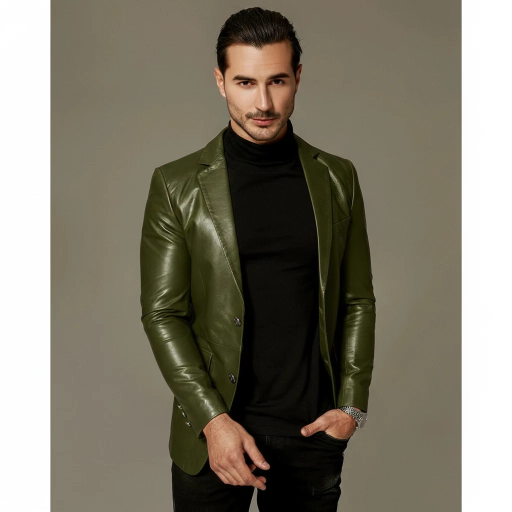 Olive Green Men's Leather Blazer Genuine Soft Lambskin Two Button Coat Blazer